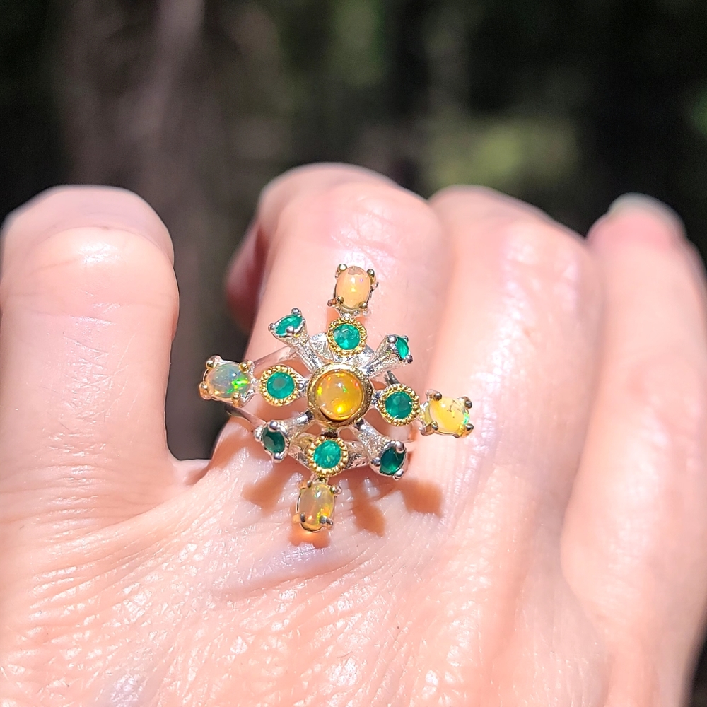 Fire Opal & Green Onyx sterling Queens Ring sz6.5 - Picture 3 of 8